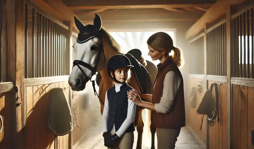 Child equestrian rider with instructor preparing for a lesson in the barn