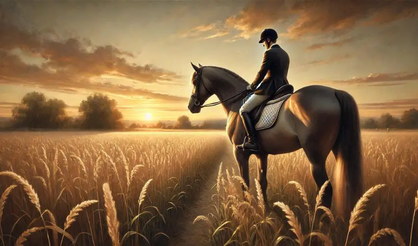 Rider on horseback during sunset in a serene field of tall grass