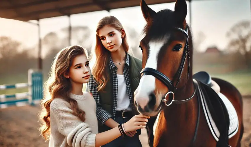 Teenage girls bonding with a horse before riding at the stable
