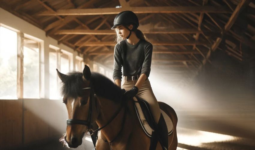 Young equestrian riding a horse in a peaceful indoor arena environment