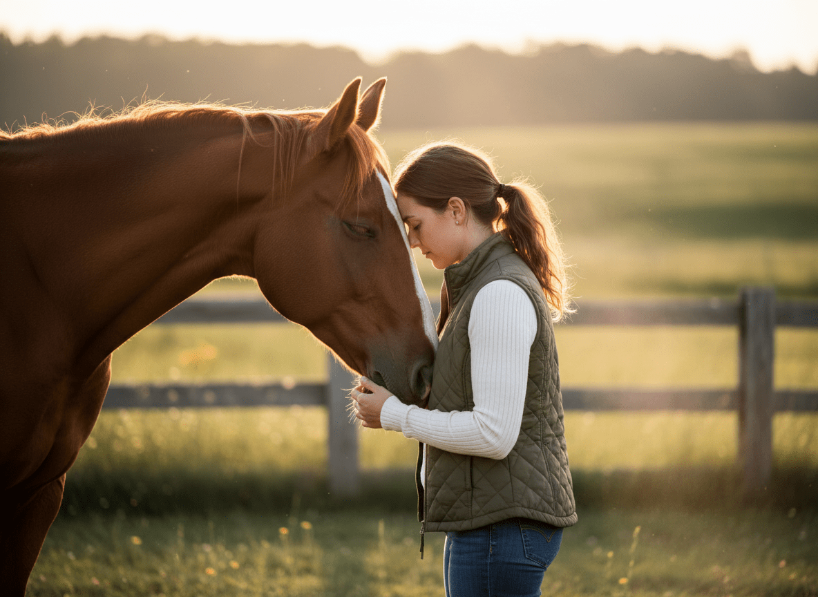 "A happy horse owner hugging her bay horse in a sunny pasture, discussing the cost of owning a horse in 2025."
